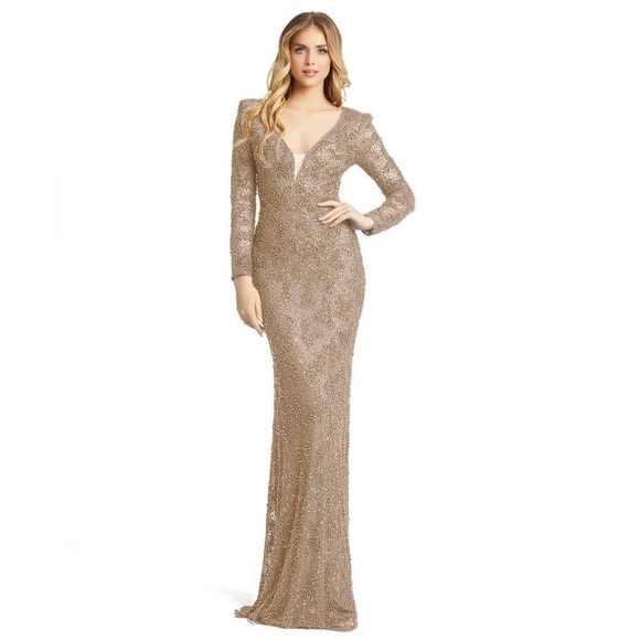 Mac Duggal 5177 NWT BEADED ILLUSION PLUNGE NECK LONG SLEEVE GOWN